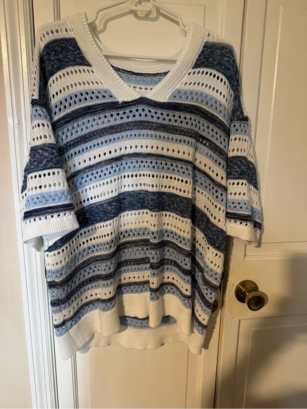 Blue & White Striped Open Knit V-Neck Short Sleeve Sweater Never Worn!!